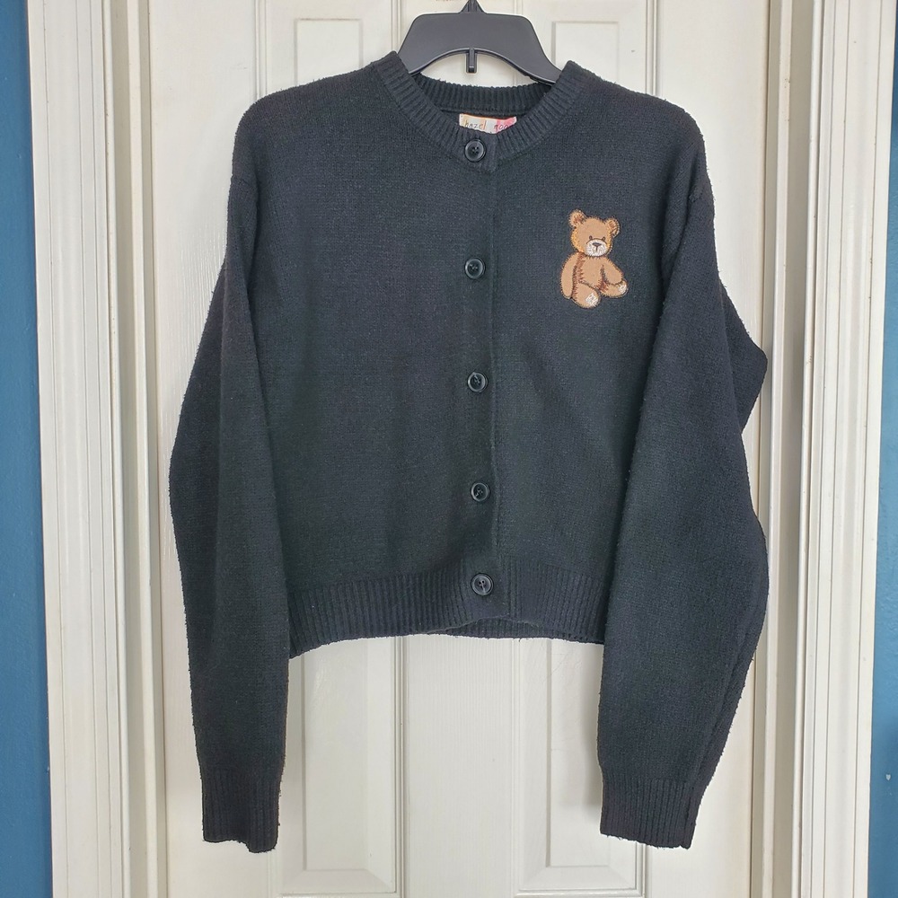 Black Embroidered Teddy Bear Cropped‎ Button Front Cardigan Sweater XL? See Meas